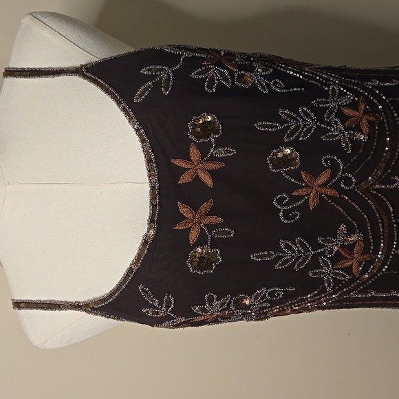 Vintage Papell Boutique Beaded Silk Slip Dress Brown 1920s Gatsby Evening Size 8 - Picture 2 of 10